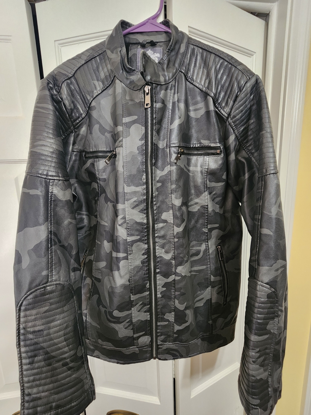 Men's Gray Camo Quilted Faux Leather Bomber Jacket